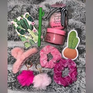 Bath bomb gift set, Scrunchie, Claw Clip, Pom Keychains, Cactus Notebooks